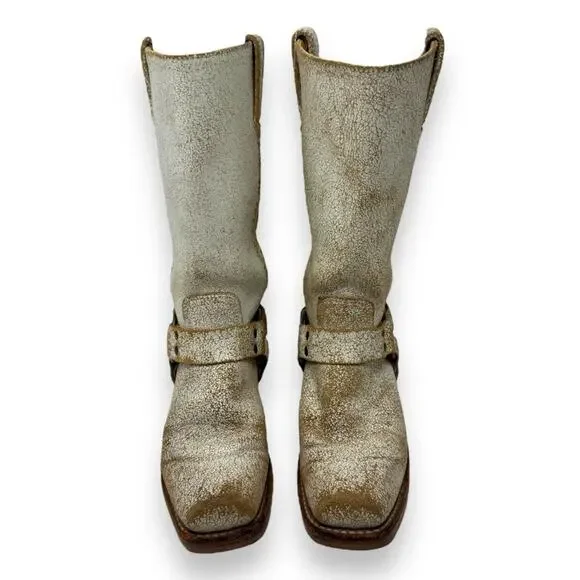 FRYE Harness 12R Leather Belted Western Moto Crackle White Square Toe 7 Women’s